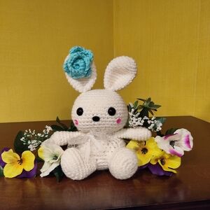 Handmade White Bunny with Teal Flower